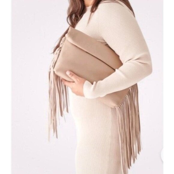 Dolce Vita Handbags - Dolce Vita Shea Large Leather Fringe Clutch Cafe Beige Soft Pebbled Leather